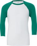 Bella + Canvas Unisex 3/4-Sleeve Baseball T-Shirt White/ Kelly