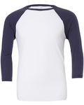 Bella + Canvas Unisex 3/4-Sleeve Baseball T-Shirt White/ Navy