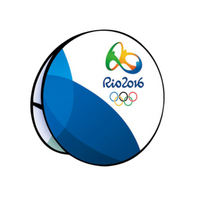A stylized design of a beach ball features the Rio 2016 Olympic logo with the Olympic rings, representing the Summer Games held in Rio de Janeiro.