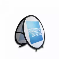 A pop-up banner displaying 'AMERICAN EXPRESS' text and logo stands upright against a white background.