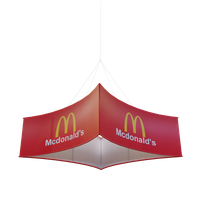 A red, McDonald's-branded hanging trade show display with a tapered design, showcasing the company's iconic logo. No additional text present.