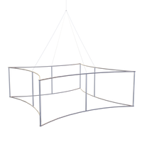 A geometric chandelier with a black outline design, hanging, resembling a three-dimensional cube structure, isolated on a white background.
