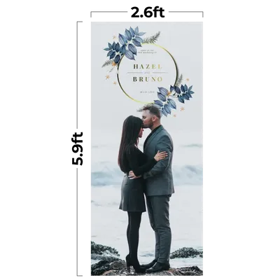 A couple embraces on a banner for an event, surrounded by floral graphics, with names 'HAZEL & BRUNO' and date 'MAY 29 2022' featured prominently.
