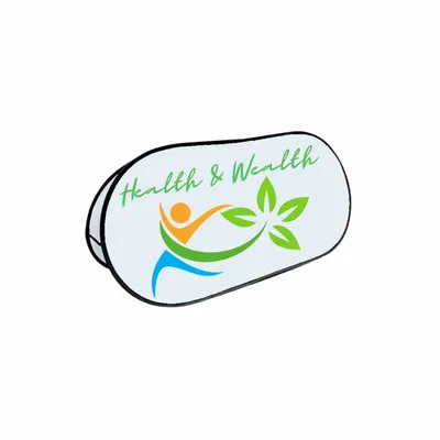 Custom printed car sunshade displaying 'Health & Wealth' with a graphic of a human figure and leaves, likely for promotional purposes.