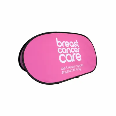 A pop-up banner with text 'breast cancer care - the breast cancer support charity' on a pink background, for promotional or informational display.