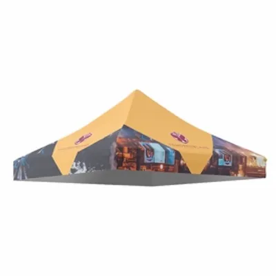 A custom-printed canopy tent with vivid colors and logos, designed for outdoor promotional events.