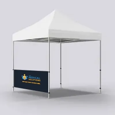 A white canopy tent with a custom printed valance banner featuring the text 'MEDICAL SOLUTIONS PARTNER WITH DOCTORS.' The tent is displayed against a plain background.