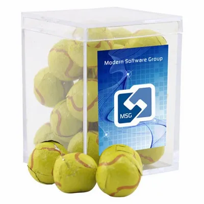 Acrylic Box with Chocolate Tennis Balls - Small - Custom Patch