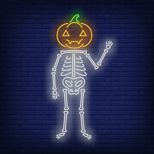 Skeleton with Pumpkin Head Neon Sign - Custom Patch