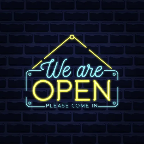 We Are Open Blue and Yellow Neon Sign - Custom Patch