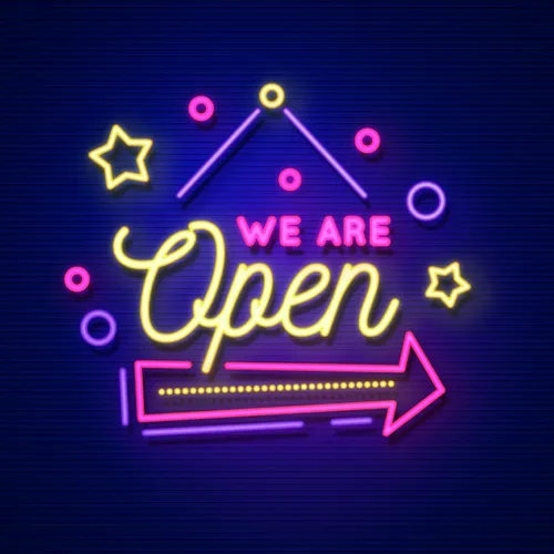 We Are Open Hanging Neon Sign - Custom Patch