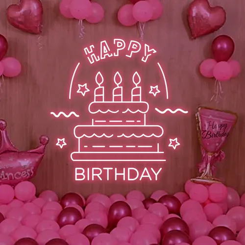 Big Happy Birthday Text with Cake Neon Sign - Custom Patch
