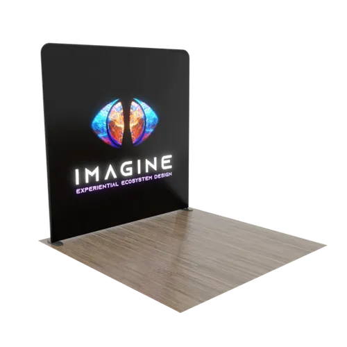 A trade show display stand features the logo and text 'IMAGINE EXPERIENTIAL ECOSYSTEM DESIGN' on a dark background.