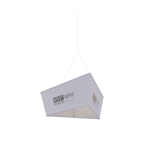Custom hanging trade show display with BBC News branding, suspended above for advertising purposes.