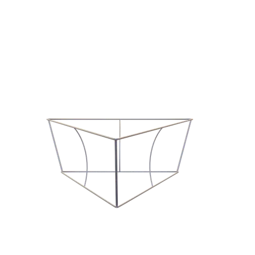 A hexagonal display counter frame, likely used for exhibitions or trade shows, with a minimalist metallic structure on a shadowed surface. No text present.