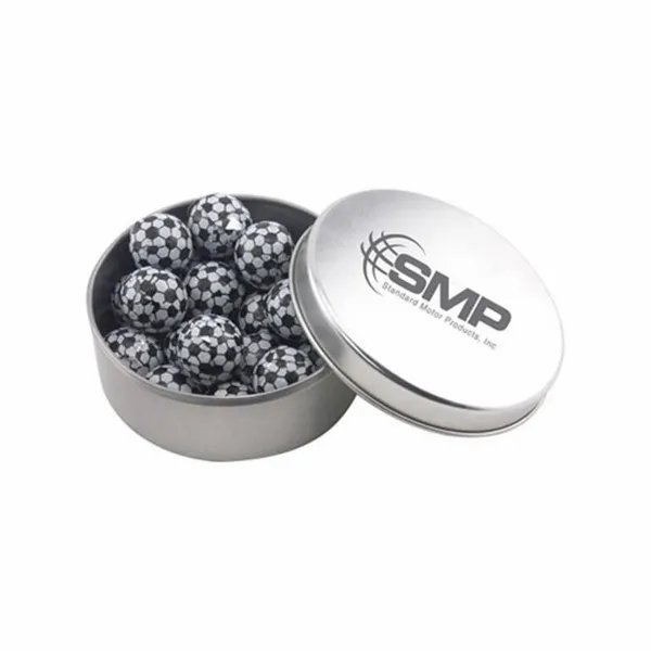 Round Tin with Chocolate Soccer Balls - SBF3000 - Custom Patch