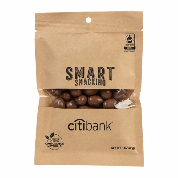 FairTrade Milk Chocolate Raisins in Compostable Kraft Pouch - Custom Patch
